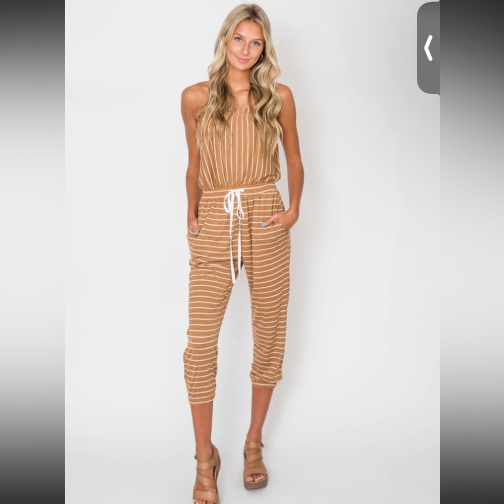 IJOAH Camel and White Striped Jumpsuit with Cropped Length